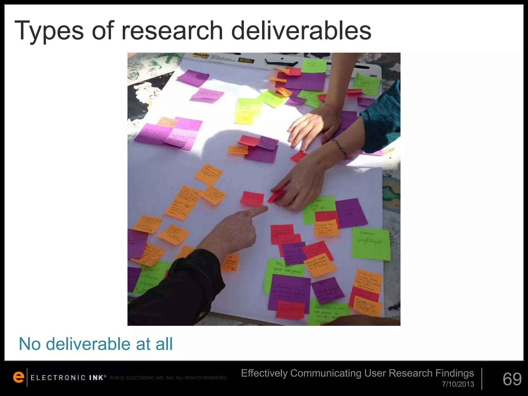 Types of research deliverables

No deliverable at all
© 2012. ELECTRONIC INK, INC. ALL RIGHTS RESERVED.

Effectively Communicating User Research Findings
7/10/2013

69

 