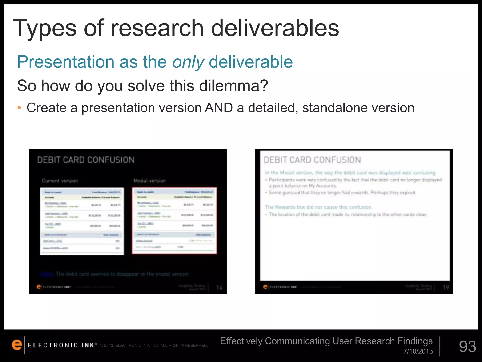 Types of research deliverables
Presentation as the only deliverable
So how do you solve this dilemma?
• Create a presentation version AND a detailed, standalone version

© 2012. ELECTRONIC INK, INC. ALL RIGHTS RESERVED.

Effectively Communicating User Research Findings
7/10/2013

93

 
