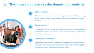Lifelong learning
Effective courses can foster a love of learning and a desire for lifelong learning
among students, allowing them to continue growing and developing through
their lives
Career success
Well designed courses can help students develop the skills and knowledge they
need to be successful in their chosen careers, leading to greater job satisfaction
and career advancement
Community contributions
By providing opportunities for meaningful engagement and service learning,
effectively executed courses can help students become active members of their
communities, making positive contributions to society
The impact on the future development of students
 
