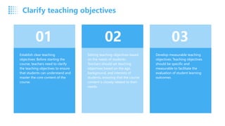 Establish clear teaching
objectives: Before starting the
course, teachers need to clarify
the teaching objectives to ensure
that students can understand and
master the core content of the
course.
Setting teaching objectives based
on the needs of students:
Teachers should set teaching
objectives based on the age,
background, and interests of
students, ensuring that the course
content is closely related to their
needs.
Develop measurable teaching
objectives: Teaching objectives
should be specific and
measurable to facilitate the
evaluation of student learning
outcomes.
01 02 03
Clarify teaching objectives
 