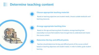 Choose appropriate teaching materials
Based on teaching objectives and student needs, choose suitable textbooks and
teaching resources.
Arrange appropriate teaching time
Based on the age and learning level of students, arrange teaching time
reasonably to ensure that students have enough time to understand and master
the course content.
Determine the key and difficult points
Teachers should determine the key and difficult points of the course content
based on teaching objectives and student needs, in order to better guide student
learning.
Determine teaching content
 