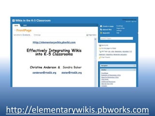Ideas for WikisAlphabetAssignments (post homework, course materials, study guides, etc…)Brainstorm ListsContent Specific (Native Americans, endangered animals, etc…)Creative WritingCurrent EventsDiscussion (post questions for student responses)Examples of the Six Traits of WritingField Trips (including pictures, interviews, comments)Five Senses