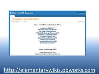 Ideas for WikisGetting to know you activitiesGroup FAQ (students/teachers post and respond to questions)Group projects (students collaborate to research, draft, and edit projects)High Frequency WordsJigsaw Study GuidesKWL’sLiterature CirclesMath Number Stories (students can post and/or solve problems)Novel Studies (post resources, discussion questions, etc)Online Newsletter