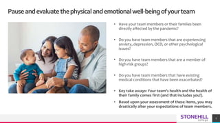 STONEHILLcollege
Pauseandevaluatethephysicalandemotionalwell-beingofyourteam
7
• Have your team members or their families ...