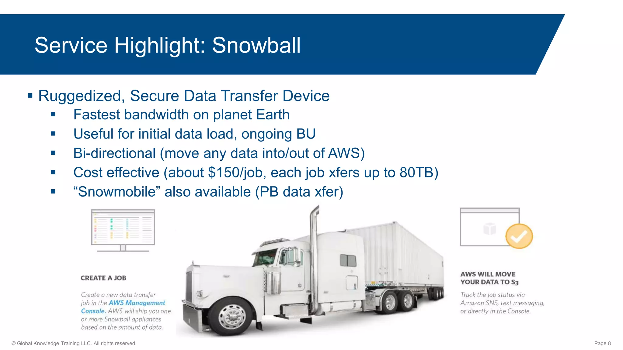 © Global Knowledge Training LLC. All rights reserved. Page 8
 Ruggedized, Secure Data Transfer Device
 Fastest bandwidth on planet Earth
 Useful for initial data load, ongoing BU
 Bi-directional (move any data into/out of AWS)
 Cost effective (about $150/job, each job xfers up to 80TB)
 “Snowmobile” also available (PB data xfer)
Service Highlight: Snowball
 