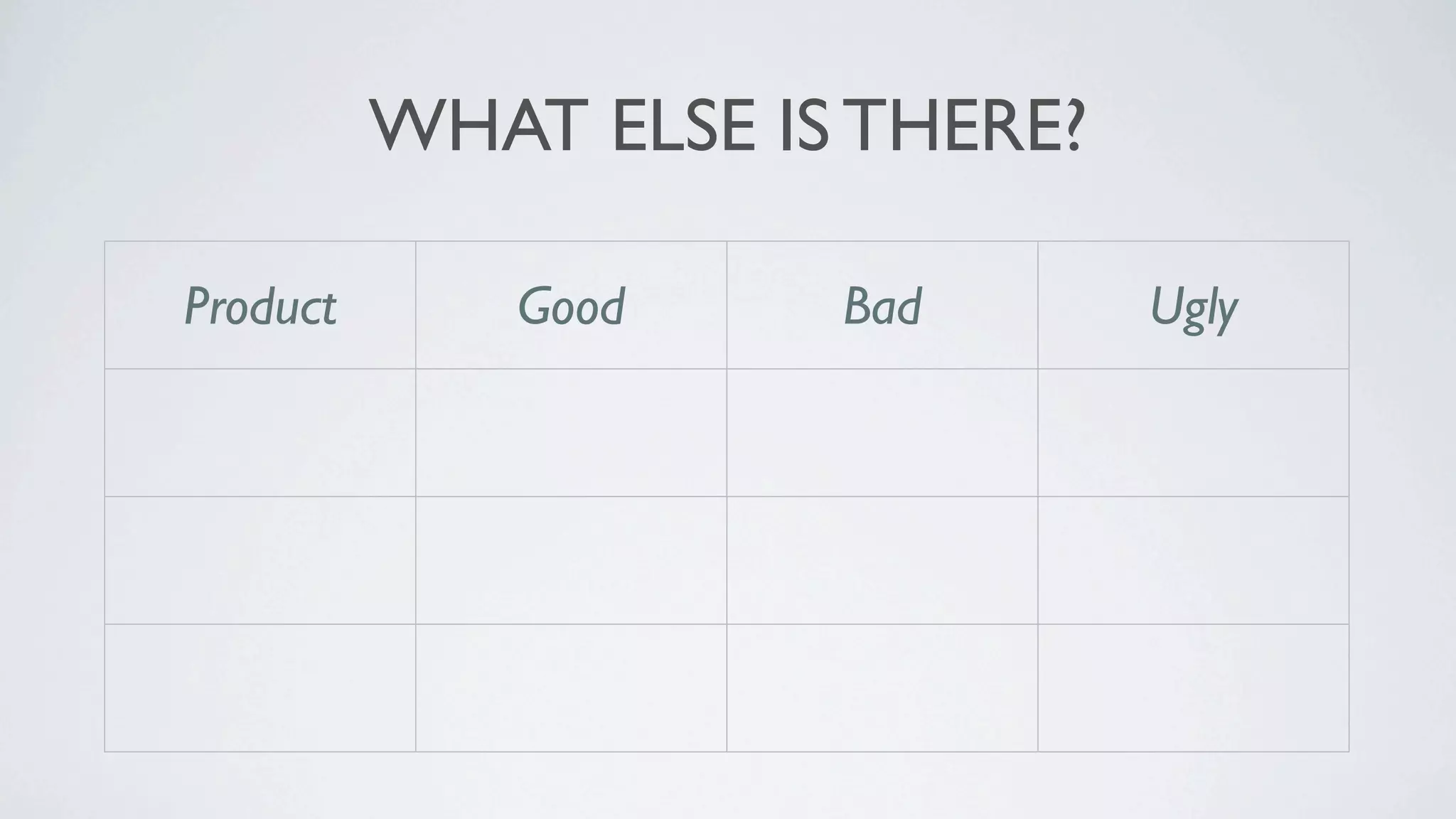 WHAT ELSE IS THERE?

Product        Good           Bad            Ugly
             Languages
 Squish                    Commercial       Eclipse
             Platforms

  KIF        Objective-C   Private API      Setup

               Natural
Calabash                     Setup       Client/Server
              Language
 