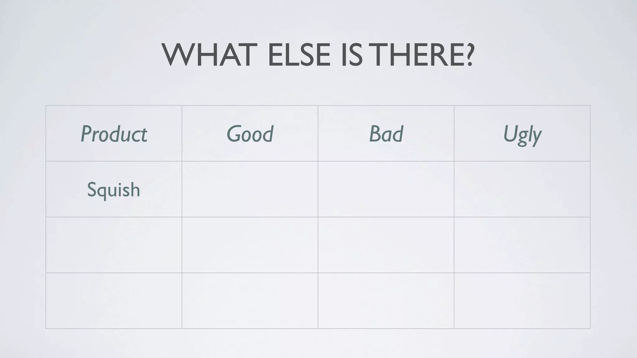 WHAT ELSE IS THERE?

Product        Good           Bad            Ugly
             Languages
 Squish                    Commercial       Eclipse
             Platforms

  KIF        Objective-C   Private API      Setup

               Natural
Calabash                     Setup       Client/Server
              Language
 