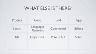 WHAT ELSE IS THERE?

Product        Good           Bad            Ugly
             Languages
 Squish                    Commercial       Eclipse
             Platforms

  KIF        Objective-C   Private API      Setup

               Natural
Calabash                     Setup       Client/Server
              Language
 