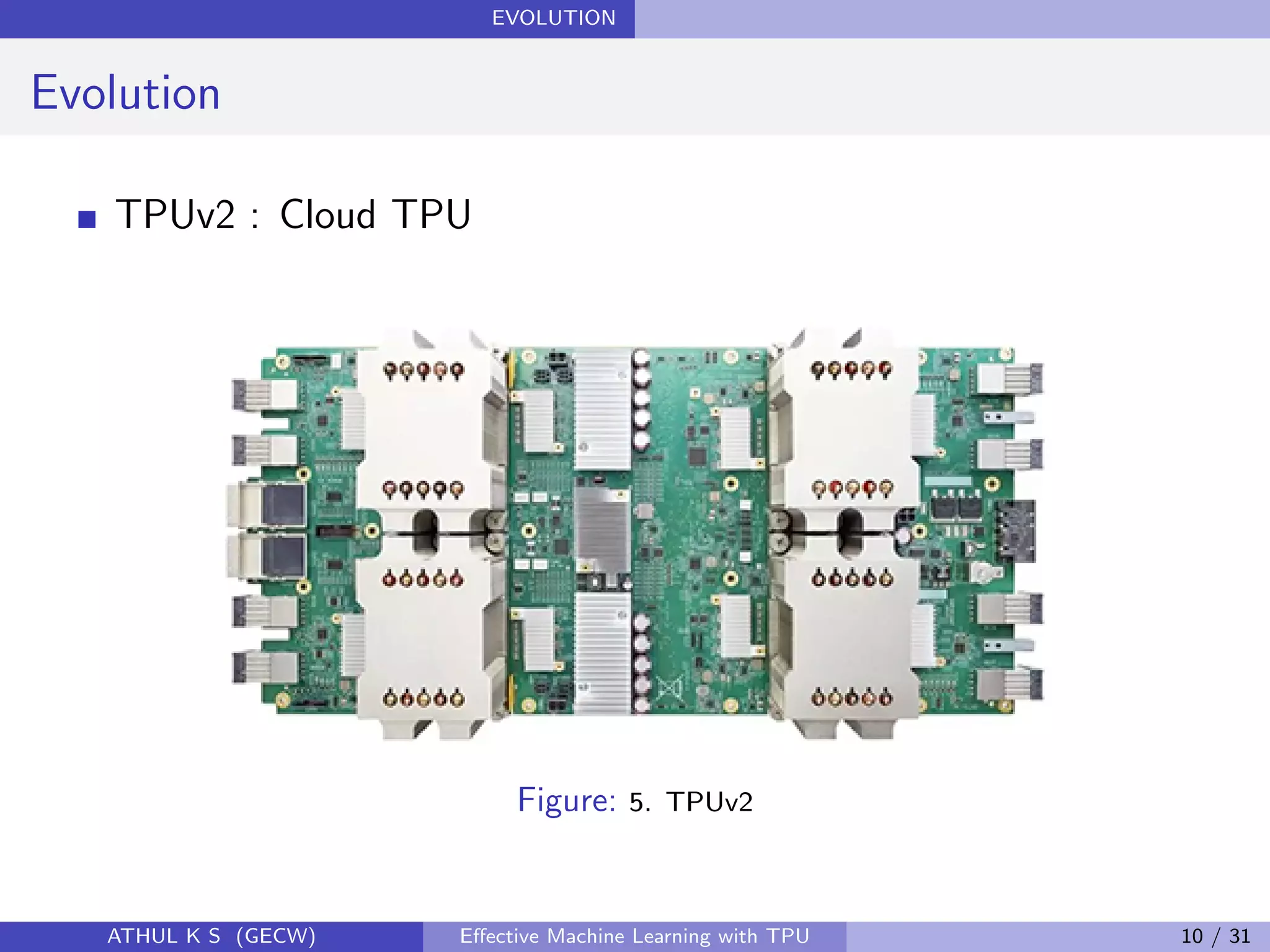 EVOLUTION
Evolution
TPUv2 : Cloud TPU
Figure: 5. TPUv2
ATHUL K S (GECW) Eﬀective Machine Learning with TPU 10 / 31
 