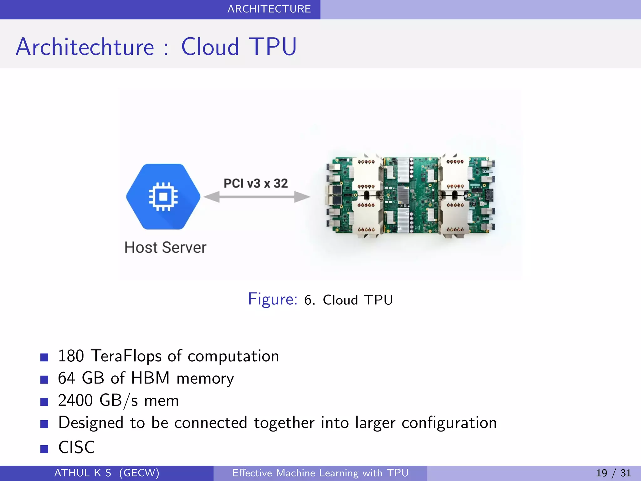 ARCHITECTURE
Architechture : Cloud TPU
Figure: 6. Cloud TPU
180 TeraFlops of computation
64 GB of HBM memory
2400 GB/s mem
Designed to be connected together into larger conﬁguration
CISC
ATHUL K S (GECW) Eﬀective Machine Learning with TPU 19 / 31
 