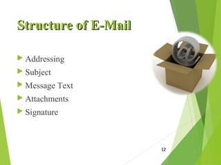 Structure of E-MailStructure of E-Mail
 Addressing
 Subject
 Message Text
 Attachments
 Signature
12
 