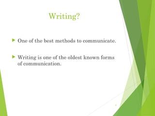Writing?
 One of the best methods to communicate.
 Writing is one of the oldest known forms
of communication.
3
 