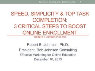 Bob Johnson Consulting, LLC... @highedmarketing

1

SPEED, SIMPLICITY & TOP TASK
COMPLETION:
3 CRITICAL STEPS TO BOOST
ONLINE ENROLLMENT
©ROBERT E. JOHNSON, PH.D. 2013

Robert E. Johnson, Ph.D.
President, Bob Johnson Consulting
Effective Marketing for Online Education
December 10, 2013

 