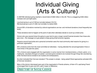 Individual Giving
                              (Arts & Culture)
In 2007/08 individual giving reached a record total of £382 million in the UK. This is a staggering £236 million
increase over just eight years.

Low-level giving is up to £100 but normally between £5-£10;
Mid-level giving is up to £1,000, but normally it is below £500;

Around 90% of donations received by cultural organisations are low- and mid-level donations (most frequently low-
level);

These donations tend to happen at the point of sale when attendees decide to round up a ticket price;

Donors who give several times throughout a year tend to give a larger overall ﬁnancial donation than those who
give once – the message is to get people to keep giving small amounts regularly.

Reasons around local pride and a personal connection were the most commonly cited reasons for giving to a
particular organisation;

90% of donors come from the most committed art attendees – having attended the venue/organisation three or
more times in the past two years;

75% of donors were engaged with the organisation in some manner from members/visitors, a friend, patron, on a
mailing list, volunteers through to trustees. Low-level givers tended to be involved through things like volunteering,
while mid-level donors tended to be trustees and ambassadors;

So what motivated their ﬁrst ever donation? The answer is simple – being asked! Direct approaches activated 40%
of ﬁrst-ever donations

Many of the donors interviewed were part of the organisation’s Friends scheme, of them 47% said being Friend
encouraged them to give and 43% said it made no difference;
 