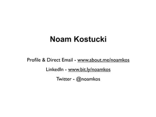Noam Kostucki

Proﬁle & Direct Email - www.about.me/noamkos
        LinkedIn - www.bit.ly/noamkos
            Twitter - @noamkos
 
