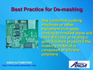 ANDA AUTOMATION
http://www.anda-automation.com
Best Practice for De-maskingBest Practice for De-masking
Any conformal coatingAny conformal coating
machines or othermachines or other
equipment that applyequipment that apply
coating to masked areas willcoating to masked areas will
have difficulty providing ahave difficulty providing a
good finished product if thegood finished product if the
masking material ismasking material is
composed of siliconecomposed of silicone
polymers.polymers.
 