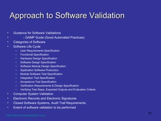 Approach to Software Validation Guidance for Software Validations  - GAMP Guide (Good Automated Practices) Categories of Software Software Life Cycle User Requirements Specification Functional Specification Hardware Design Specification Software Design Specification Software Module Design Specification Application Software Production Module Software Test Specification Integration Test Specification Acceptance Test Specification Verification Requirements & Design Specification Verifying Test Steps, Expected Outputs and Evaluation Criteria Computer System Validation Electronic Records and Electronic Signatures Closed Software Systems, Audit Trail Requirements Extent of software validation to be performed http://www.PresentationEze.com   