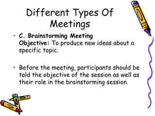 Different Types Of Meetings C. Brainstorming Meeting Objective:  To produce new ideas about a specific topic.  Before the meeting, participants should be told the objective of the session as well as their role in the brainstorming session. 