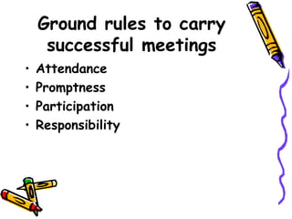 Ground rules to carry successful meetings Attendance Promptness Participation Responsibility 