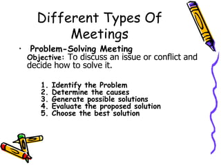 Different Types Of Meetings Problem-Solving Meeting Objective:  To discuss an issue or conflict and decide how to solve it. 1. Identify the Problem 2. Determine the causes 3. Generate possible solutions 4. Evaluate the proposed solution 5. Choose the best solution   