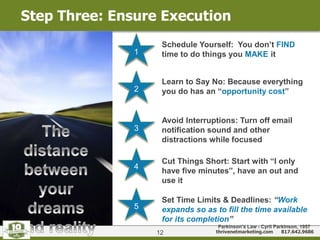 thrivenetmarketing.com 817.642.9686
Step Three: Ensure Execution
12
1
2
3
4
5
Schedule Yourself: You don’t FIND
time to do things you MAKE it
Learn to Say No: Because everything
you do has an “opportunity cost”
Avoid Interruptions: Turn off email
notification sound and other
distractions while focused
Cut Things Short: Start with “I only
have five minutes”, have an out and
use it
Set Time Limits & Deadlines: “Work
expands so as to fill the time available
for its completion”
Parkinson’s Law - Cyril Parkinson, 1957
 