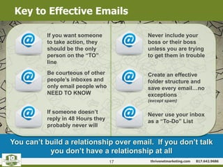 thrivenetmarketing.com 817.642.9686
Key to Effective Emails
17
Create an effective
folder structure and
save every email…no
exceptions
(except spam)
If you want someone
to take action, they
should be the only
person on the “TO”
line
Never include your
boss or their boss
unless you are trying
to get them in trouble
Never use your inbox
as a “To-Do” List
If someone doesn’t
reply in 48 Hours they
probably never will
Be courteous of other
people’s inboxes and
only email people who
NEED TO KNOW
You can’t build a relationship over email. If you don’t talk
you don’t have a relationship at all
 