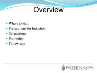 OverviewWhere to startPreparations for InductionOrientationsPromotionFollow-ups