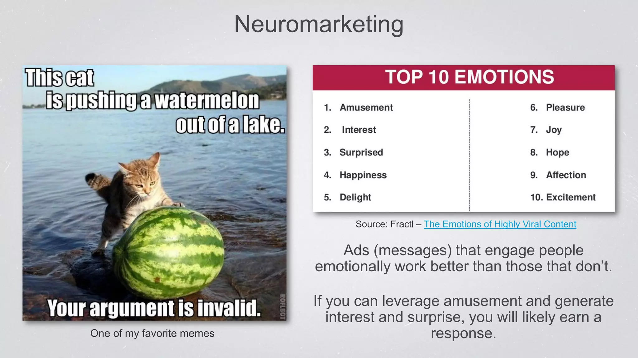 Ads (messages) that engage people
emotionally work better than those that don’t.
If you can leverage amusement and generate
interest and surprise, you will likely earn a
response.
Source: Fractl – The Emotions of Highly Viral Content
Neuromarketing
One of my favorite memes
 
