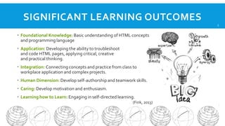 SIGNIFICANT LEARNING OUTCOMES
5

 Foundational Knowledge: Basic understanding of HTML concepts
and programming language
 Application: Developing the ability to troubleshoot
and code HTML pages, applying critical, creative
and practical thinking.
 Integration: Connecting concepts and practice from class to
workplace application and complex projects.
 Human Dimension: Develop self-authorship and teamwork skills.
 Caring: Develop motivation and enthusiasm.
 Learning how to Learn: Engaging in self-directed learning.
(Fink, 2013)

 