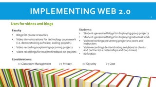 IMPLEMENTING WEB 2.0
Uses for videos and blogs
Students:
• Student-generated blogs for displaying group projects
Blogs for course resources
• Student-generated blogs for displaying individual work
Video demonstrations for technology coursework • Video recordings presenting projects to peers and
(i.e. demonstrating software, coding projects)
instructors
Video recordings explaining upcoming projects
• Video recordings demonstrating solutions to clients
and partners (i.e. Internships and Capstones)
Video recordings for student feedback on projects
• Reflection

Faculty
•
•
•
•

Considerations:
>> Classroom Management

>> Privacy

>> Security

>> Cost

8

 