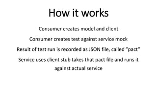 How it works
Consumer creates model and client
Consumer creates test against service mock
Result of test run is recorded as JSON file, called ”pact”
Service uses client stub takes that pact file and runs it
against actual service
 