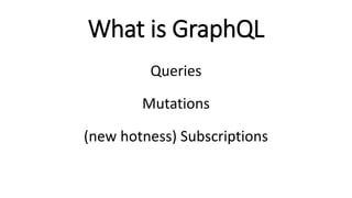 What is GraphQL
Queries
Mutations
(new hotness) Subscriptions
 