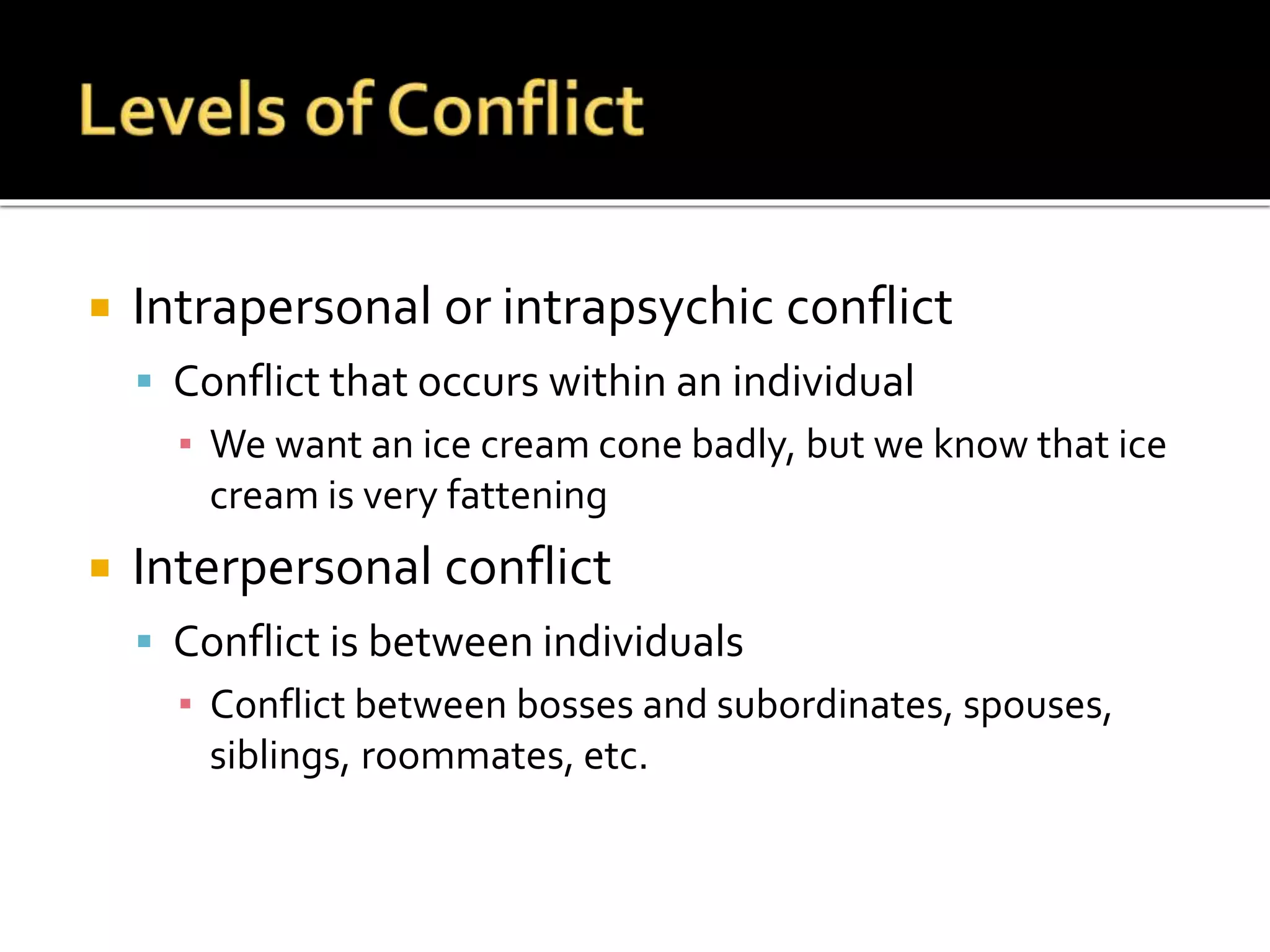  Intrapersonal or intrapsychic conflict
 Conflict that occurs within an individual
▪ We want an ice cream cone badly, but we know that ice
cream is very fattening
 Interpersonal conflict
 Conflict is between individuals
▪ Conflict between bosses and subordinates, spouses,
siblings, roommates, etc.
 