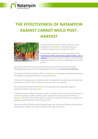 THE EFFECTIVENESS OF NATAMYCIN
AGAINST CARROT MOLD POST-
HARVEST
As stated previously in this section, research on new
applications for Natamycin in the food industry is
constantly being carried out all over the world.
We have also covered its successful application in the
maintenance of the post-harvest quality of plants such as
red fruits, and now we discuss a study on one of the most
widely consumed succulent root vegetables in the world:
carrots.
The study summarised here was carried out by Chinese researchers for the Brazilian
Phytopathology Society, and recently published in the journal Tropical Plant Pathology.
The study examined the inhibitory effect of Natamycin on the fungus Sclerotinia Sclerotiorum,
the pathogen causing white mold in carrots post-harvest.
In this case, the fungus does not attack carrots in storage after they have been harvested, but
lies dormant in the soil. It can survive for up to ten years in the ground.
The study demonstrated that Natamycin is an important anti-fungal agent against S.
sclerotiorum both in vitro and in vivo.
In order to study the effect of natamycin under conditions as close as possible to real ones (in
vivo), fresh carrots in perfect condition were submerged in increasing concentrations of
Natamycin (50, 100, 150 and 200 mg of L-1) and then air dried for 2.5 hours. A sample of the
pathogen was then placed on top of these carrots.
The severity of the infection was evaluated six days after the carrots had been inoculated, by
measuring the length of the lesion created by the fungus on the root.
 