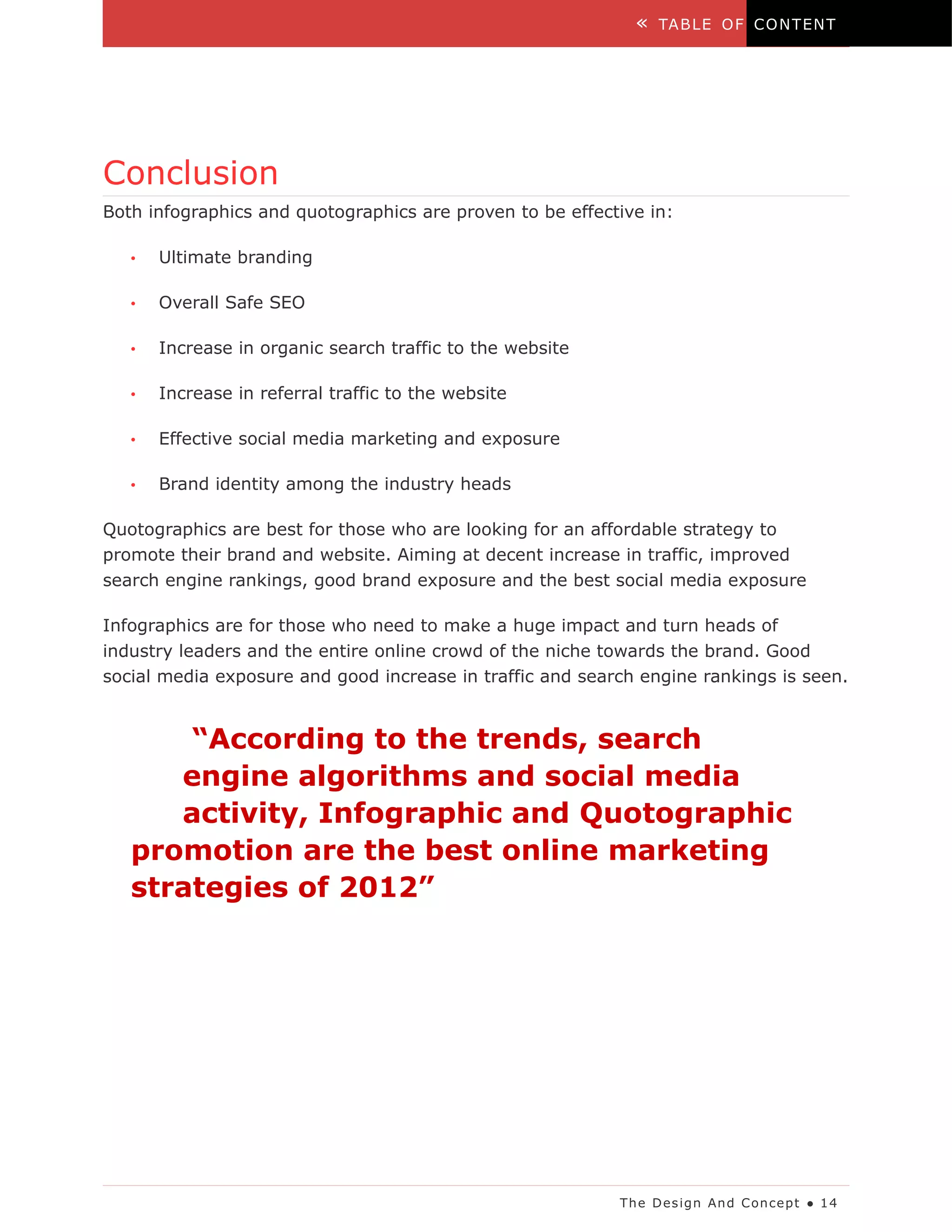 «   TA B LE O F C O N T EN T




Conclusion
Both infographics and quotographics are proven to be effective in:

   •   Ultimate branding

   •   Overall Safe SEO

   •   Increase in organic search traffic to the website

   •   Increase in referral traffic to the website

   •   Effective social media marketing and exposure

   •   Brand identity among the industry heads

Quotographics are best for those who are looking for an affordable strategy to
promote their brand and website. Aiming at decent increase in traffic, improved
search engine rankings, good brand exposure and the best social media exposure

Infographics are for those who need to make a huge impact and turn heads of
industry leaders and the entire online crowd of the niche towards the brand. Good
social media exposure and good increase in traffic and search engine rankings is seen.


       “According to the trends, search
      engine algorithms and social media
      activity, Infographic and Quotographic
   promotion are the best online marketing
   strategies of 2012”




                                                           Th e D es ig n An d C on ce p t ● 1 4
 