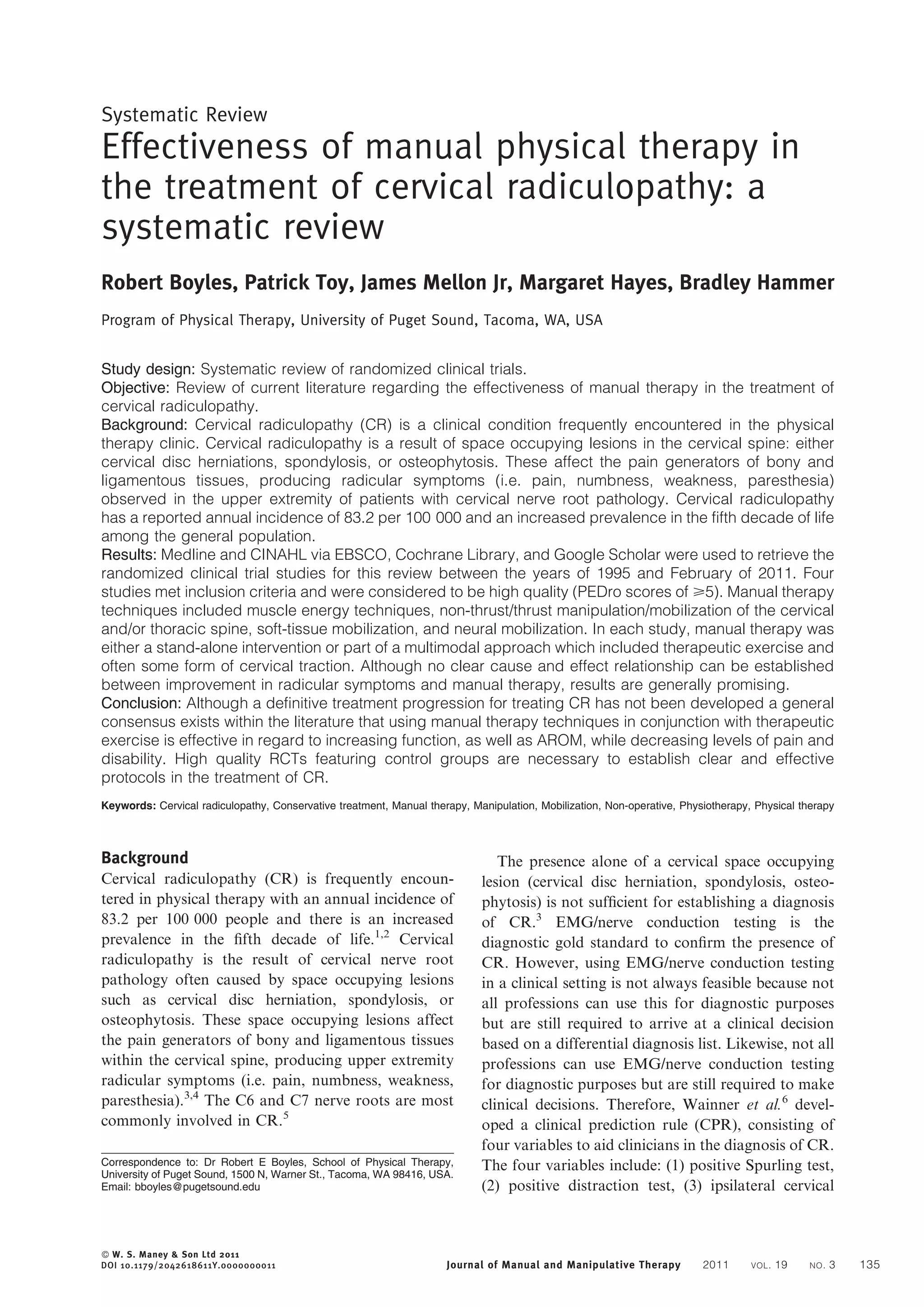 Effectiveness of manual physical therapy in cervical radiculopaty | PDF