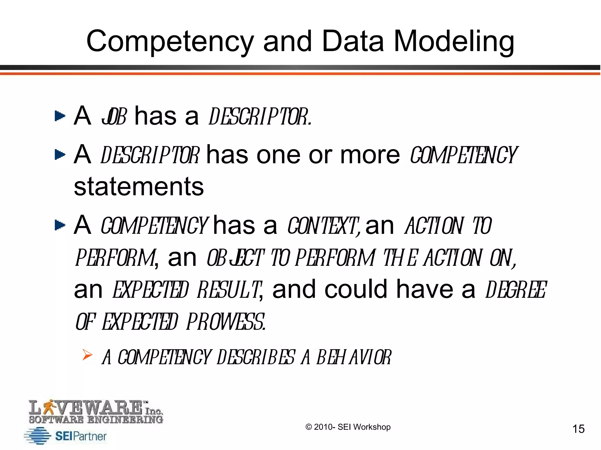 Competency and Data Modeling A  job  has a  descriptor. A  descriptor  has one or more  competency  statements A  competency  has a  context,  an  action to perform , an  object to perform the action on,  an  expected result , and could have a  degree of expected prowess. a competency describes a behavior 