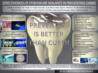 EFFECTIVENESSOFPIT&FISSURESEALANTSINPREVENTINGCARIES
BBBBOVER A PERIOD OF TIME PIT AND FISSURE SEALANTS HAVE BEEN PROVED TO BE EFFECTIVE IN
PREVENTING INCIPIENT PIT & FISSURE LESIONS AND MAINTAINING ORAL PROPHYLAXIS
STEP 1-
POLISHING THE TOOTH SURFACE WITH
PUMICE SLURRY & ISOLATION
CLASSIFICATION (MITCHEL & GORDON)
BASED ON CURING METHOD:
-1ST GEN (UV LIGHT 350nm)
-2ND GEN (SELF CURED)
-3RD GEN (VISIBLE LIGHT 430nm)
-4th GEN (FLUORIDE RELEASING)
BASED ON PRESENCE OF FILLERS
-UNFILLED (BETTER FLOW)
-SEMIFILLED (BETTER STRENGTH & WEAR
RESISTANCE)
INDICATIONS
-NEWLY ERUPTED 1ST MOLAR AND
PERMANENT MOLARS AND
PREMOLARS
-STAINED PIT & FISSURES WITH
MINIMUM DEMINERALIZATION &
SOFTENING OF BASE
-IN PATIENTS WITH CONTINUING
CARIOUS RISK WHO HAVE FISSURE
CARIES JUST INTO DENTIN.
STEP 2-
ACID ETCHING (37% ORTHO-
PHOSPHORIC ACID), RINSE & DRY THE
TOOTH
SUMMARY- THE CARIOSTATIC PROPERTY OF SEALANTS ARE ATTRIBUTED TO PHYSICAL OBSTRUCTION OF PITS &FISSURES THUS PREVENTING ENTRY OF
FERMENTABLE CARBOHYDRATES AND PRODUCTION OF ORGANIC ACIDS IN CARIOGENIC CONCENTRATION HENCE EFFECTIVELY INHIBITING DENTAL
CARIES.
STEP 3-
APPLICATION OF SEALANT & CHECK
OCCLUSION
RECENT ADVANCEMENTS
-ACP RELEASING SEALANT
-EMBRACE WETBOND
-ENAMEL Loc
BY-Dr. PRATHAMESH FULSUNDAR
 