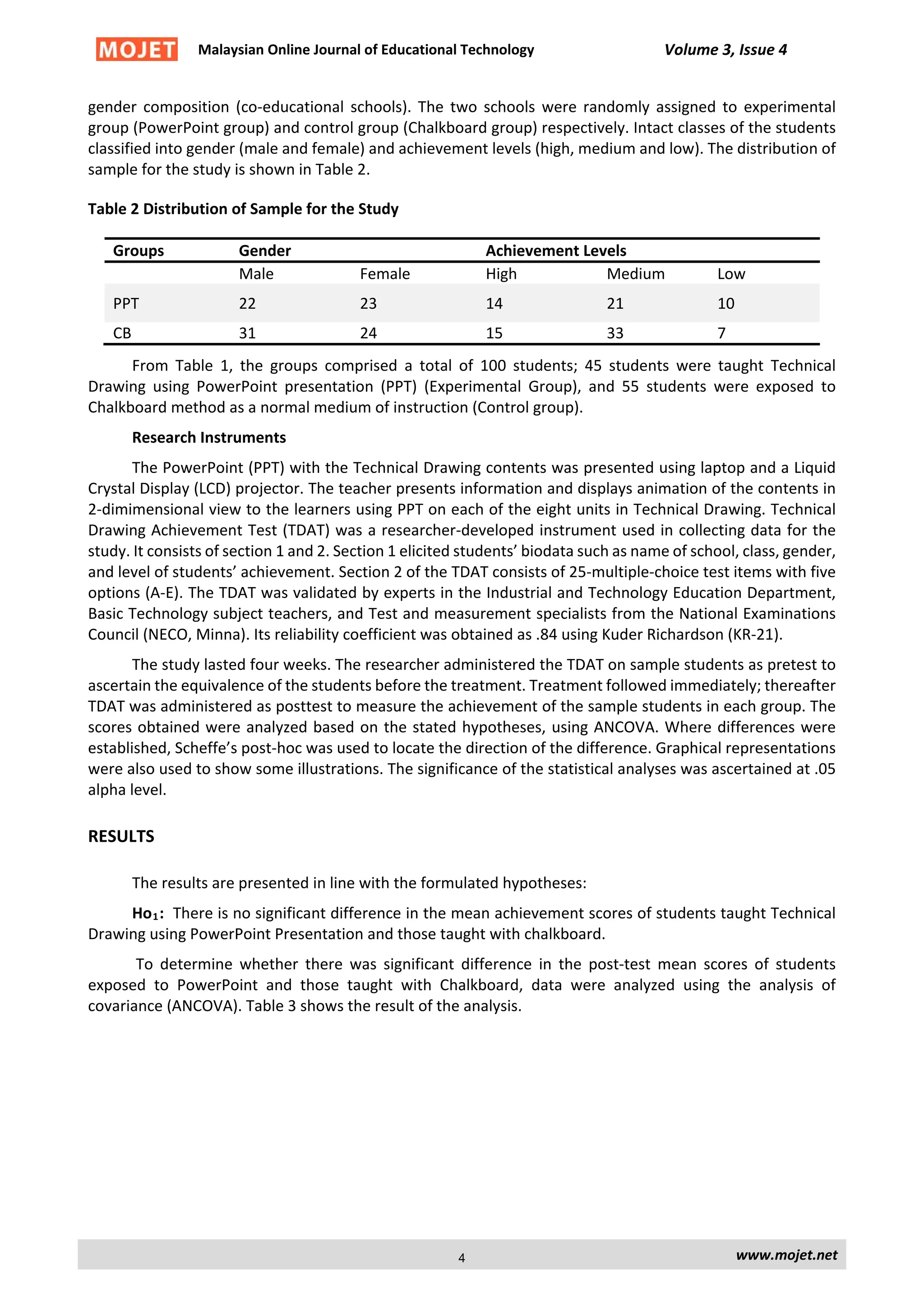 Malaysian Online Journal of Educational Technology Volume 3, Issue 4
gender composition (co-educational schools). The two schools were randomly assigned to experimental
group (PowerPoint group) and control group (Chalkboard group) respectively. Intact classes of the students
classified into gender (male and female) and achievement levels (high, medium and low). The distribution of
sample for the study is shown in Table 2.
Table 2 Distribution of Sample for the Study
Groups Gender Achievement Levels
Male Female High Medium Low
PPT 22 23 14 21 10
CB 31 24 15 33 7
From Table 1, the groups comprised a total of 100 students; 45 students were taught Technical
Drawing using PowerPoint presentation (PPT) (Experimental Group), and 55 students were exposed to
Chalkboard method as a normal medium of instruction (Control group).
Research Instruments
The PowerPoint (PPT) with the Technical Drawing contents was presented using laptop and a Liquid
Crystal Display (LCD) projector. The teacher presents information and displays animation of the contents in
2-dimimensional view to the learners using PPT on each of the eight units in Technical Drawing. Technical
Drawing Achievement Test (TDAT) was a researcher-developed instrument used in collecting data for the
study. It consists of section 1 and 2. Section 1 elicited students’ biodata such as name of school, class, gender,
and level of students’ achievement. Section 2 of the TDAT consists of 25-multiple-choice test items with five
options (A-E). The TDAT was validated by experts in the Industrial and Technology Education Department,
Basic Technology subject teachers, and Test and measurement specialists from the National Examinations
Council (NECO, Minna). Its reliability coefficient was obtained as .84 using Kuder Richardson (KR-21).
The study lasted four weeks. The researcher administered the TDAT on sample students as pretest to
ascertain the equivalence of the students before the treatment. Treatment followed immediately; thereafter
TDAT was administered as posttest to measure the achievement of the sample students in each group. The
scores obtained were analyzed based on the stated hypotheses, using ANCOVA. Where differences were
established, Scheffe’s post-hoc was used to locate the direction of the difference. Graphical representations
were also used to show some illustrations. The significance of the statistical analyses was ascertained at .05
alpha level.
RESULTS
The results are presented in line with the formulated hypotheses:
Ho1: There is no significant difference in the mean achievement scores of students taught Technical
Drawing using PowerPoint Presentation and those taught with chalkboard.
To determine whether there was significant difference in the post-test mean scores of students
exposed to PowerPoint and those taught with Chalkboard, data were analyzed using the analysis of
covariance (ANCOVA). Table 3 shows the result of the analysis.
www.mojet.net4
 