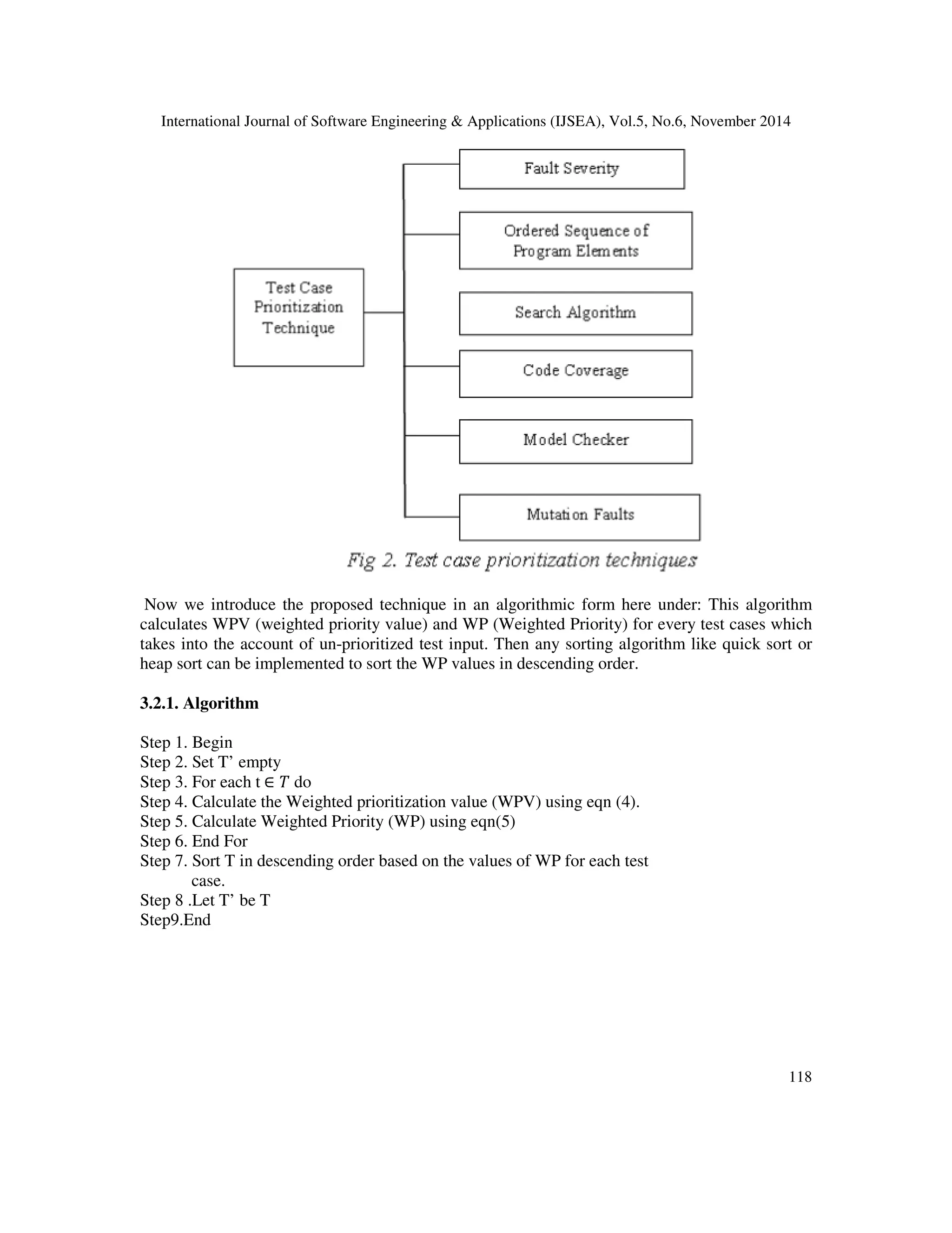 i*PF weighti) (2) 
Where, WPV is weight prioritization value for each test case are calculated from 10 factors. 
PF valuei is a value assigned to each test case. 
PF weighti is a weight assigned for each factor. 
The computation of WPV for a requirement is used to compute the Weighted Priority (WP) for its 
associated test cases. Let there be n total requirements for a product and test case j maps to i 
requirements. Weighted Priority (WP) is calculated in Eqn(3) as 
WPj=   