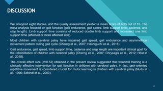 Click to edit Master title style
12
DISCUSSION
12
• We analyzed eight studies, and the quality assessment yielded a mean score of 6.25 out of 10. The
meta-analysis focused on gait function (gait endurance, gait speed, limb support time, cadence, and
step length). Limb support time consists of reduced double limb support and increased one limb
support time (affected or more affected side).
• Most children with cerebral palsy have impaired gait speed, gait endurance and asymmetrical
movement pattern during gait cycle (Cherng et al., 2007; Hashiguchi et al., 2018).
• Gait endurance, gait speed, limb support time, cadence and step length are important clinical goal for
the rehabilitation of children with cerebral palsy (Cherng et al., 2007; Chrysagis et al., 2012; Hösl et
al., 2018).
• The overall effect size (d=0.52) obtained in the present review suggested that treadmill training is a
clinically effective intervention for gait function in children with cerebral palsy. In fact, task-oriented
repetitive movement is considered crucial for motor learning in children with cerebral palsy (Nudo et
al., 1996; Schindl et al., 2000).
 