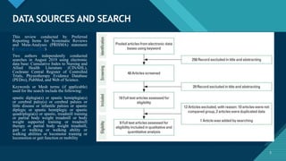 Click to edit Master title style
5
DATA SOURCES AND SEARCH
5
This review conducted by Preferred
Reporting Items for Systematic Reviews
and Meta-Analyses (PRISMA) statement
(Moher et al., 2015).
Two authors independently conducted
searches in August 2019 using electronic
data base: Cumulative Index to Nursing and
Allied Health Literature (CINAHL),
Cochrane Central Register of Controlled
Trials, Physiotherapy Evidence Database
(PEDro), PubMed, and Web of Science.
Keywords or Mesh terms (if applicable)
used for the search include the following:
spastic diplegia(s) or spastic hemiplegia(s)
or cerebral palsy(s) or cerebral palsies or
little disease or infantile palsies or spastic
diplegic or spastic hemiplegic or spastic
quadriplegia(s) or spastic, treadmill training
or partial body weight treadmill or body
weight supported training or treadmill
therapy or partial body weight treadmill,
gait or walking or walking ability or
walking abilities or locomotor training or
locomotion or gait function or mobility
 