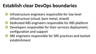 Establish clear DevOps boundaries
Infrastructure engineers responsible for low level
infrastructure (cloud, bare metal, mixed)
Dedicated K8S engineers responsible for K8S platform
Developers responsible for their services deployment,
configuration and support
SRE engineers responsible for SRE practices and toolset
establishment
 