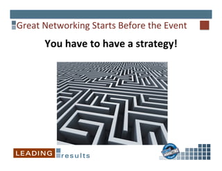 Great	
  Networking	
  Starts	
  Before	
  the	
  Event	
  
You	
  have	
  to	
  have	
  a	
  strategy!	
  
 