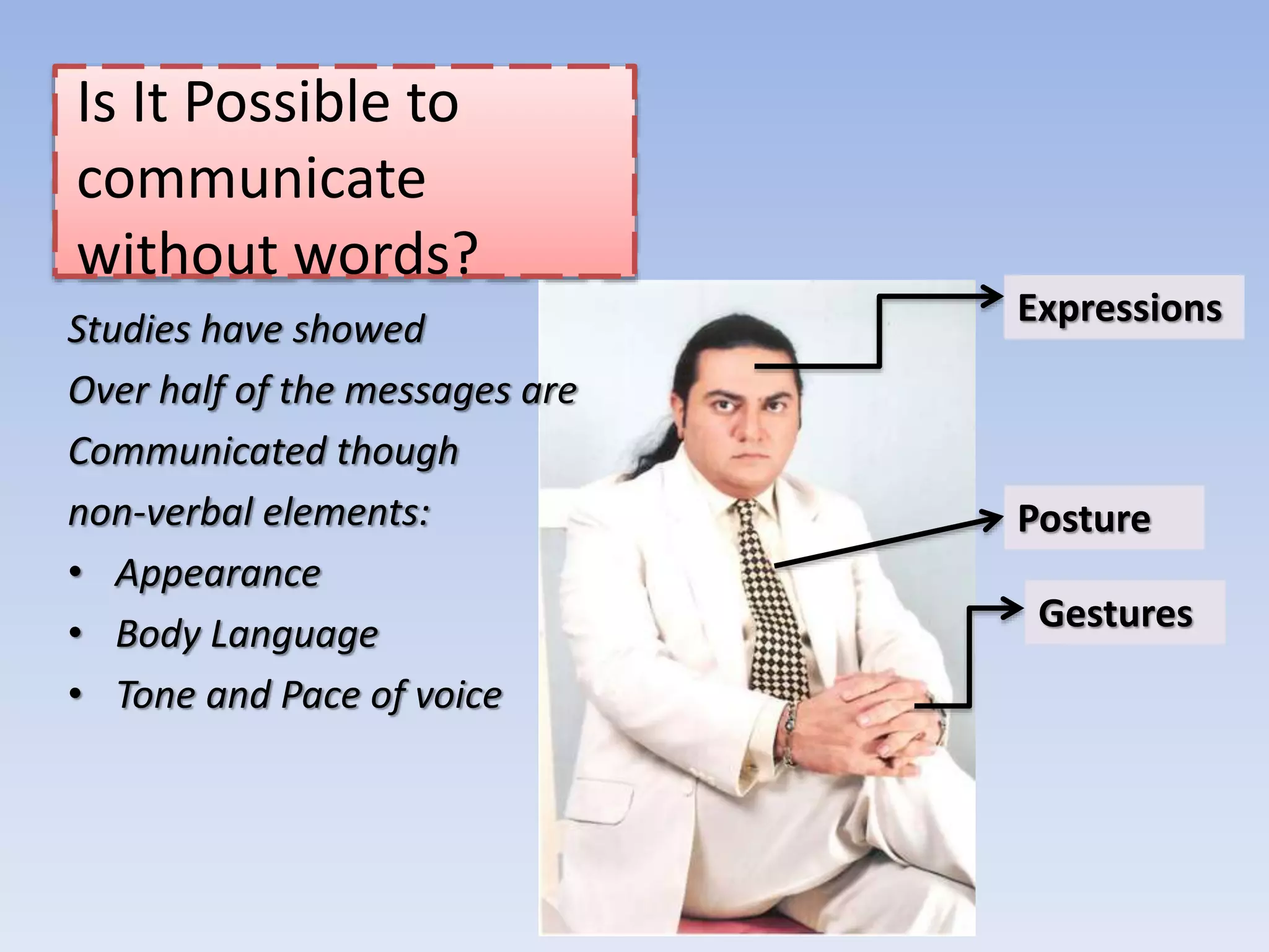 Is It Possible to
communicate
without words?
Studies have showed
Over half of the messages are
Communicated though
non-verbal elements:
• Appearance
• Body Language
• Tone and Pace of voice
Expressions
Posture
Gestures
 