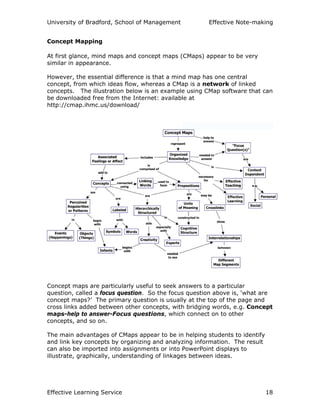 University of Bradford, School of Management Effective Note-making
Effective Learning Service 18
Concept Mapping
At first glance, mind maps and concept maps (CMaps) appear to be very
similar in appearance.
However, the essential difference is that a mind map has one central
concept, from which ideas flow, whereas a CMap is a network of linked
concepts. The illustration below is an example using CMap software that can
be downloaded free from the Internet: available at
http://cmap.ihmc.us/download/
Concept maps are particularly useful to seek answers to a particular
question, called a focus question. So the focus question above is, ‘what are
concept maps?’ The primary question is usually at the top of the page and
cross links added between other concepts, with bridging words, e.g. Concept
maps-help to answer-Focus questions, which connect on to other
concepts, and so on.
The main advantages of CMaps appear to be in helping students to identify
and link key concepts by organizing and analyzing information. The result
can also be imported into assignments or into PowerPoint displays to
illustrate, graphically, understanding of linkages between ideas.
 