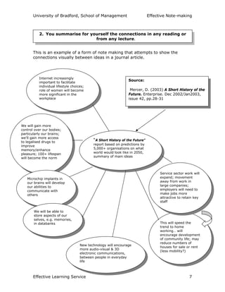 University of Bradford, School of Management Effective Note-making
Effective Learning Service 7
This is an example of a form of note making that attempts to show the
connections visually between ideas in a journal article.
“A Short History of the Future”
report based on predictions by
5,000+ organisations on what
world would look like in 2050,
summary of main ideas
Internet increasingly
important to facilitate
individual lifestyle choices;
role of women will become
more significant in the
workplace
We will gain more
control over our bodies;
particularly our brains;
we’ll gain more access
to legalised drugs to
improve
memory/enhance
pleasure; 100+ lifespan
will become the norm
Microchip implants in
our brains will develop
our abilities to
communicate with
others
We will be able to
store aspects of our
selves, e.g. memories,
in databanks
New technology will encourage
more audio-visual & 3D
electronic communications,
between people in everyday
life
This will speed the
trend to home
working… will
encourage development
of community life; may
reduce numbers of
houses for sale or rent
(less mobility?)
Service sector work will
expand; movement
away from work in
large companies;
employers will need to
make jobs more
attractive to retain key
staff
Source:
Mercer, D. (2003) A Short History of the
Future. Enterprise. Dec 2002/Jan2003,
issue 42, pp.28-31
2. You summarise for yourself the connections in any reading or
from any lecture.
 