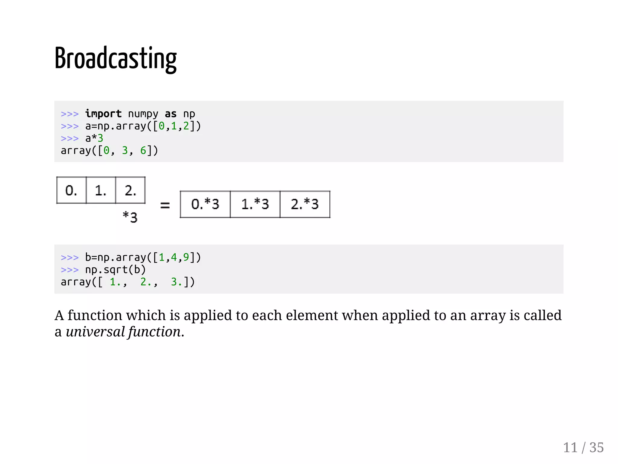 Broadcasting >>> import numpy as np >>> a=np.array([0,1,2]) >>> a*3 array([0, 3, 6]) >>> b=np.array([1,4,9]) >>> np.sqrt(b) array([ 1., 2., 3.]) A function which is applied to each element when applied to an array is called a universal function. 11 / 35 