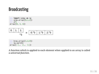 Broadcasting 
>>> import numpy as np 
>>> a=np.array([0,1,2]) 
>>> a*3 
array([0, 3, 6]) 
>>> b=np.array([1,4,9]) 
>>> np.sqrt(b) 
array([ 1., 2., 3.]) 
A function which is applied to each element when applied to an array is called 
a universal function. 
11 / 35 
 