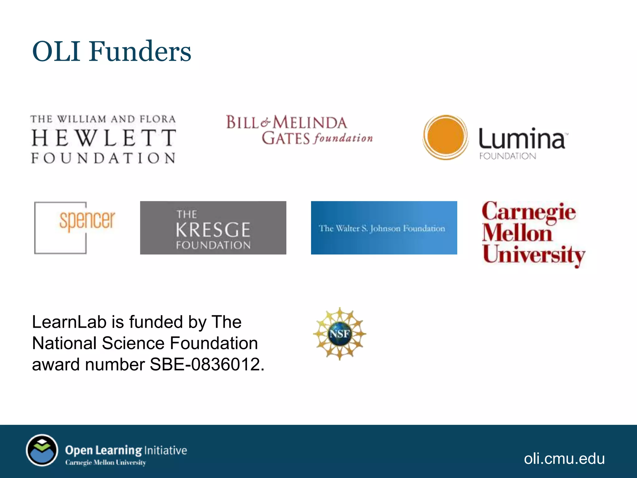 oli.cmu.edu
OLI Funders
LearnLab is funded by The
National Science Foundation
award number SBE-0836012.
 